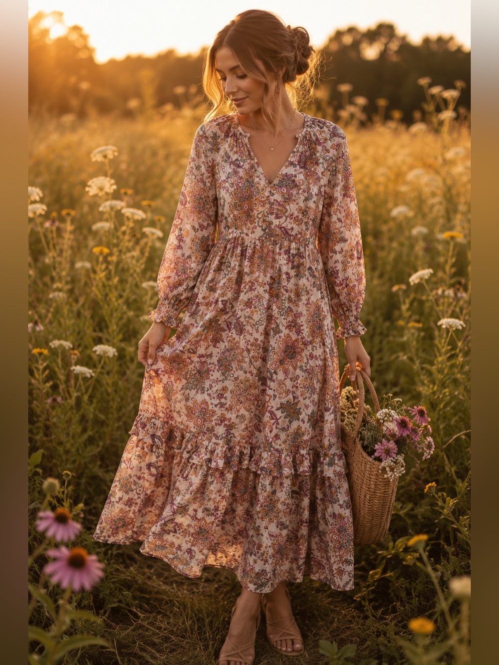 Floral Midi Maxi Dress Boho Lined Tiered Prairie Cottagecore Feminine Romantic S